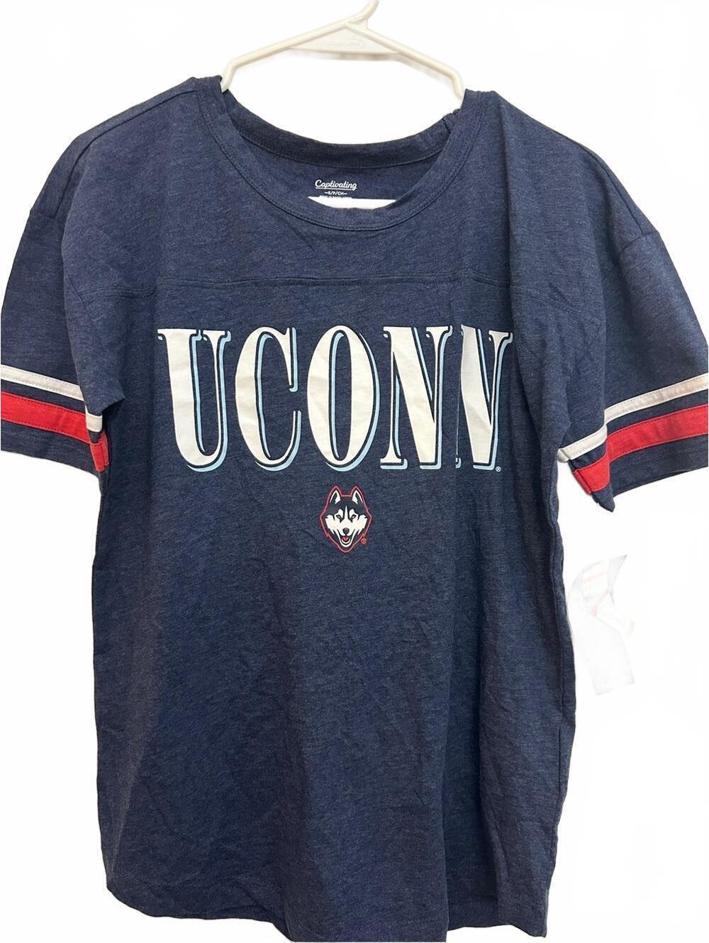 Champion UCONN Huskies Navy Short Sleeve Tee with Red & White Sleeve Stripes